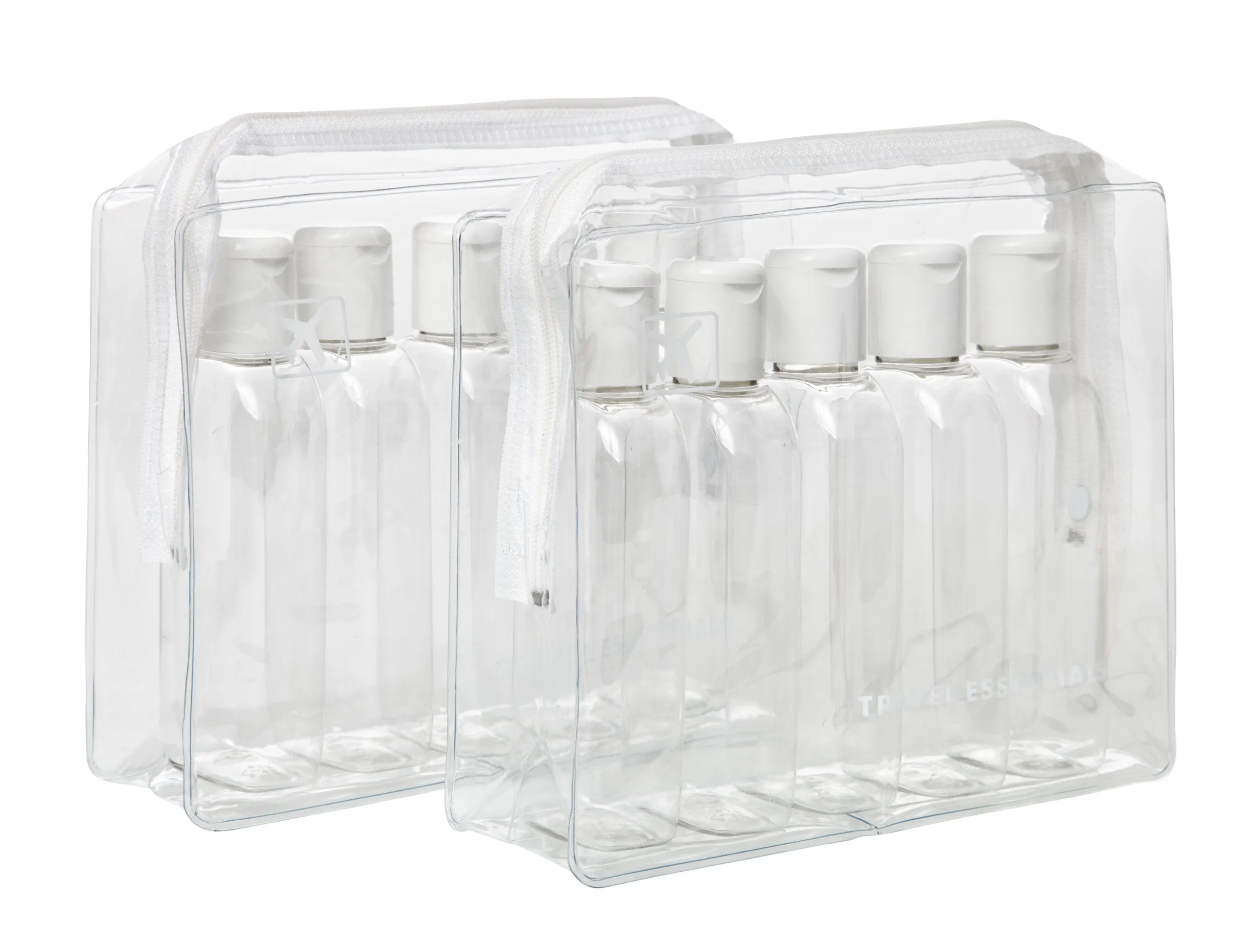 2 x Holiday Travel Clear Plastic Bottles Packs - 10 x 100 ml Bottles & 2 x Clear Bags