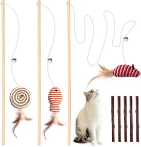 3-Pack Cat Wand Toys, 16-Inch Natural Wooden Teaser Wand with 5 Silvervine Sticks, Interactive Feather Wand for Indoor Cats