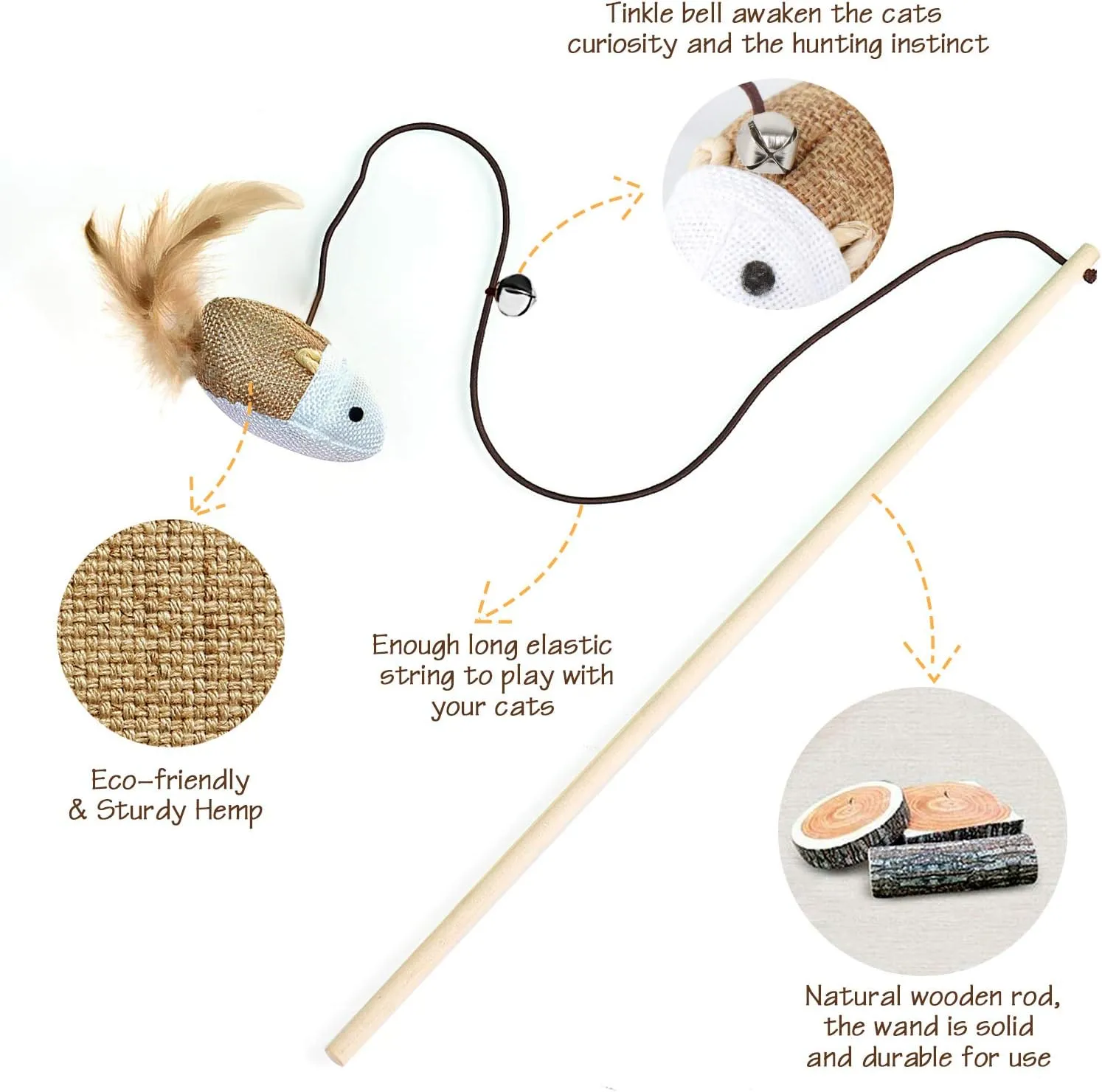 3-Piece Natural Wooden Cat Teaser Wand Toy Kit with 5 Silvervine Sticks and Elastic String Cat Pole Toy with Bell and Feather