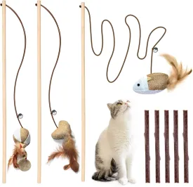 3-Piece Natural Wooden Cat Teaser Wand Toy Kit with 5 Silvervine Sticks and Elastic String Cat Pole Toy with Bell and Feather