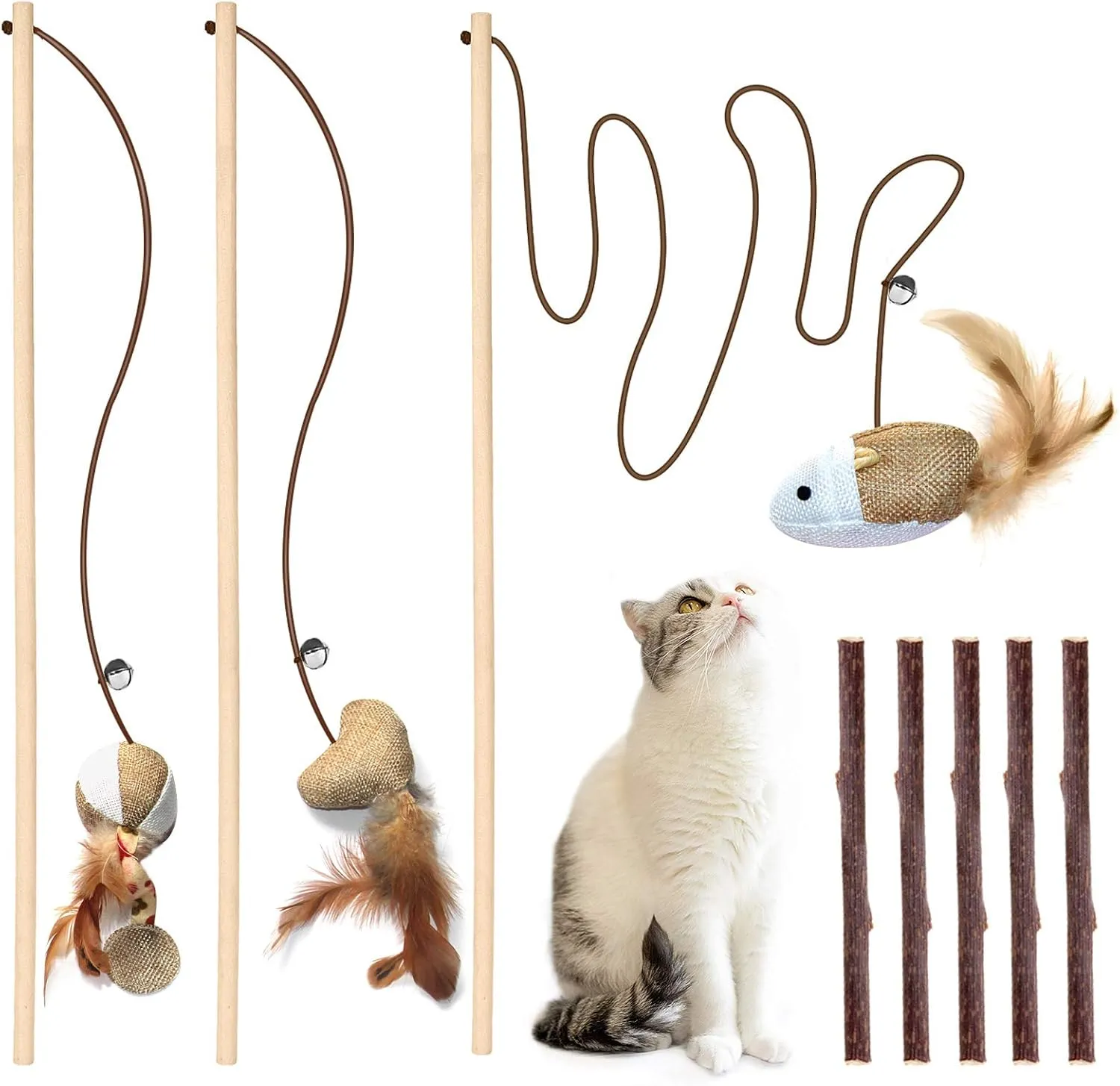 3-Piece Natural Wooden Cat Teaser Wand Toy Kit with 5 Silvervine Sticks and Elastic String Cat Pole Toy with Bell and Feather