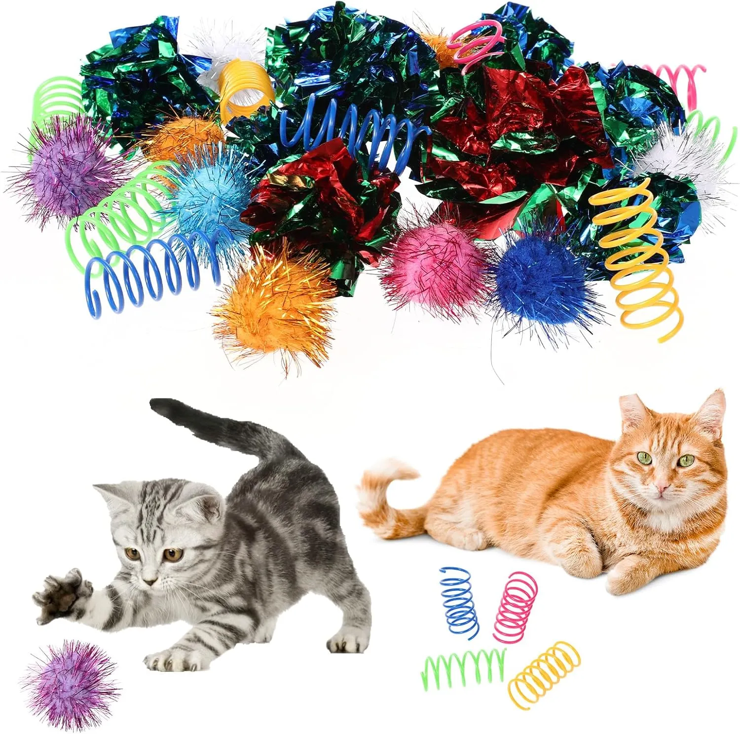 30 Pcs Interactive Cat Toy Balls Set Cat Toys Assortments Kitten Toys Including Cat Crinkle Balls Cat Spiral Springs Cat Sparkle Balls for Cat Kitten Puppy