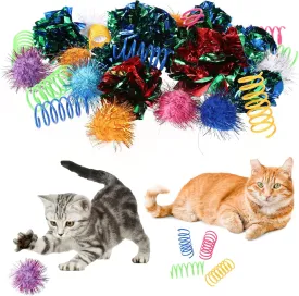 30 Pcs Interactive Cat Toy Balls Set Cat Toys Assortments Kitten Toys Including Cat Crinkle Balls Cat Spiral Springs Cat Sparkle Balls for Cat Kitten Puppy