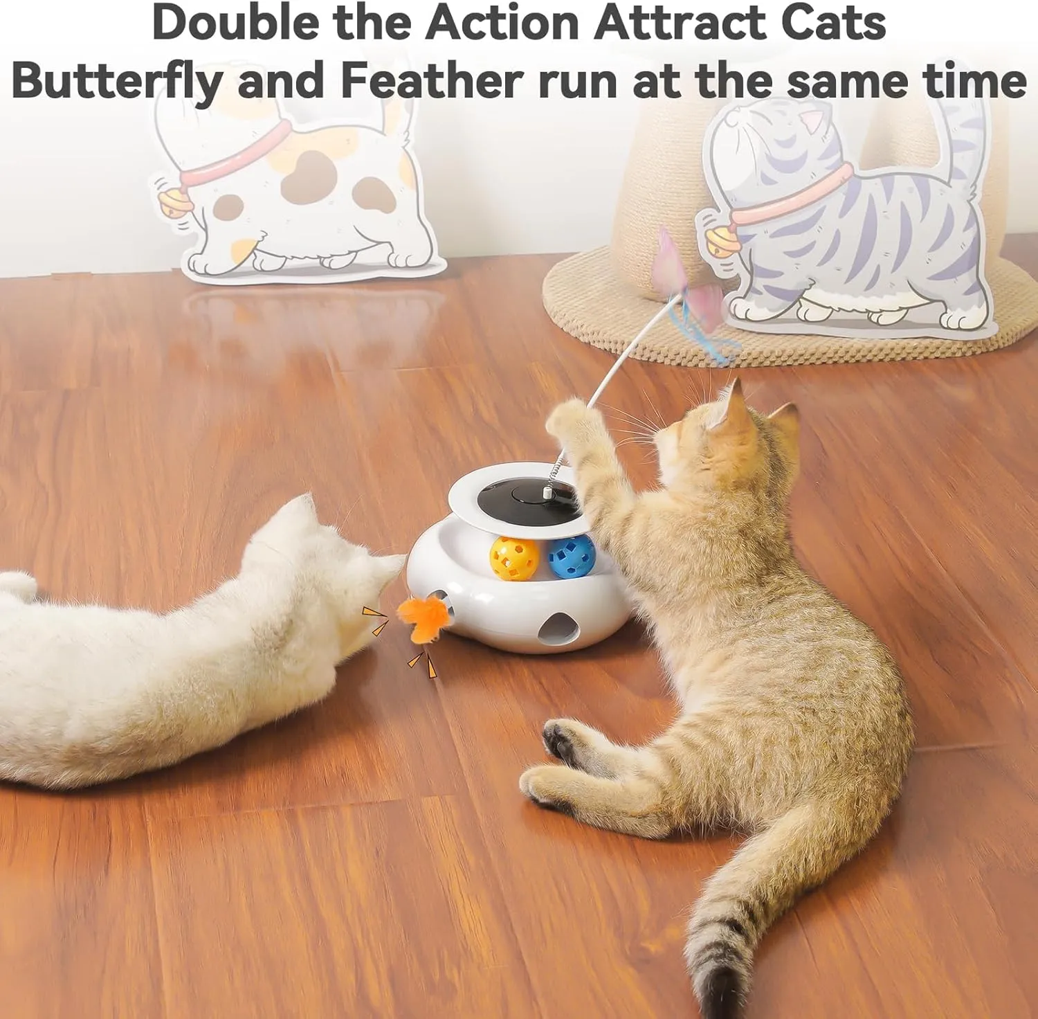 3in1 Interactive Cat Toys Moving Ambush Feather, Spinning Butterfly, Track Balls, Rechargeable Automatic Activated Kitten Toys for Indoor Cats, Cat Feather Toy for All Breeds