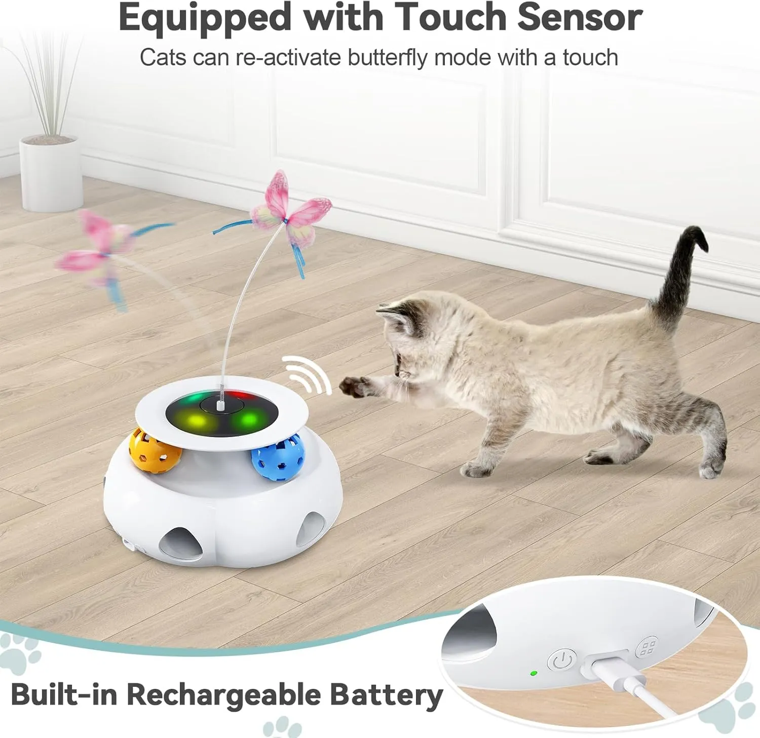 3in1 Interactive Cat Toys Moving Ambush Feather, Spinning Butterfly, Track Balls, Rechargeable Automatic Activated Kitten Toys for Indoor Cats, Cat Feather Toy for All Breeds