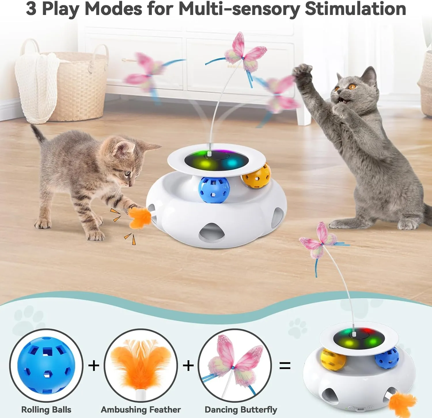 3in1 Interactive Cat Toys Moving Ambush Feather, Spinning Butterfly, Track Balls, Rechargeable Automatic Activated Kitten Toys for Indoor Cats, Cat Feather Toy for All Breeds