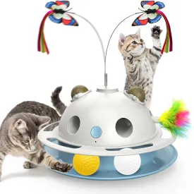 4 in1 Cat Toys, Smart Automatic Interactive Kitten Toy with Shooting Feather, Butterfly, Catnip Balls, USB Powered Cat Toy for Indoor (White)