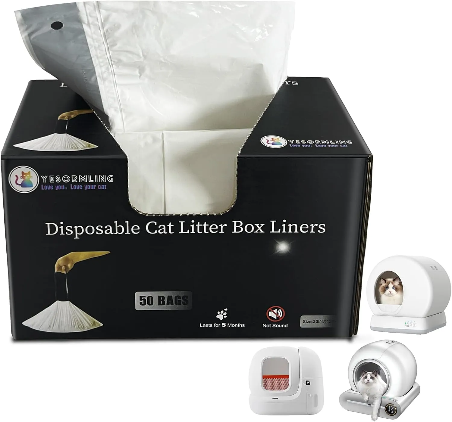 50 Count Cat Litter Box Liners with Drawstring, Thickened Design Compatible with PetSafe Scoop Free Self Cleaning Clumping Litter Box, Drawstring Litter Box Liner/Home Trash Bags (50 Count)