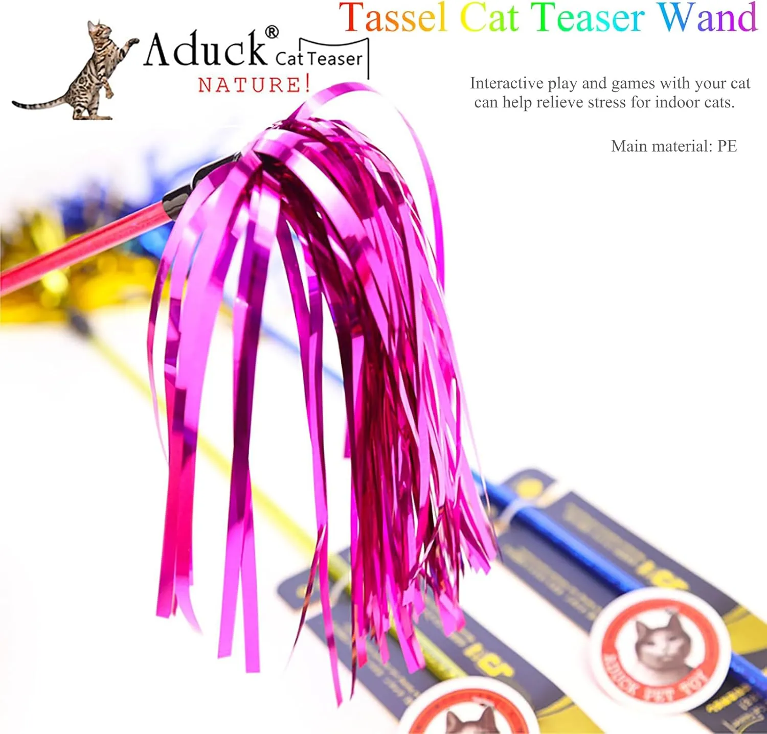 ADUCK Cat Toys Interactive Teaser Wand Toy with Tassels Worms Catcher for Cats Kitten, Pack of 3 (Gold   Blue   Pink)