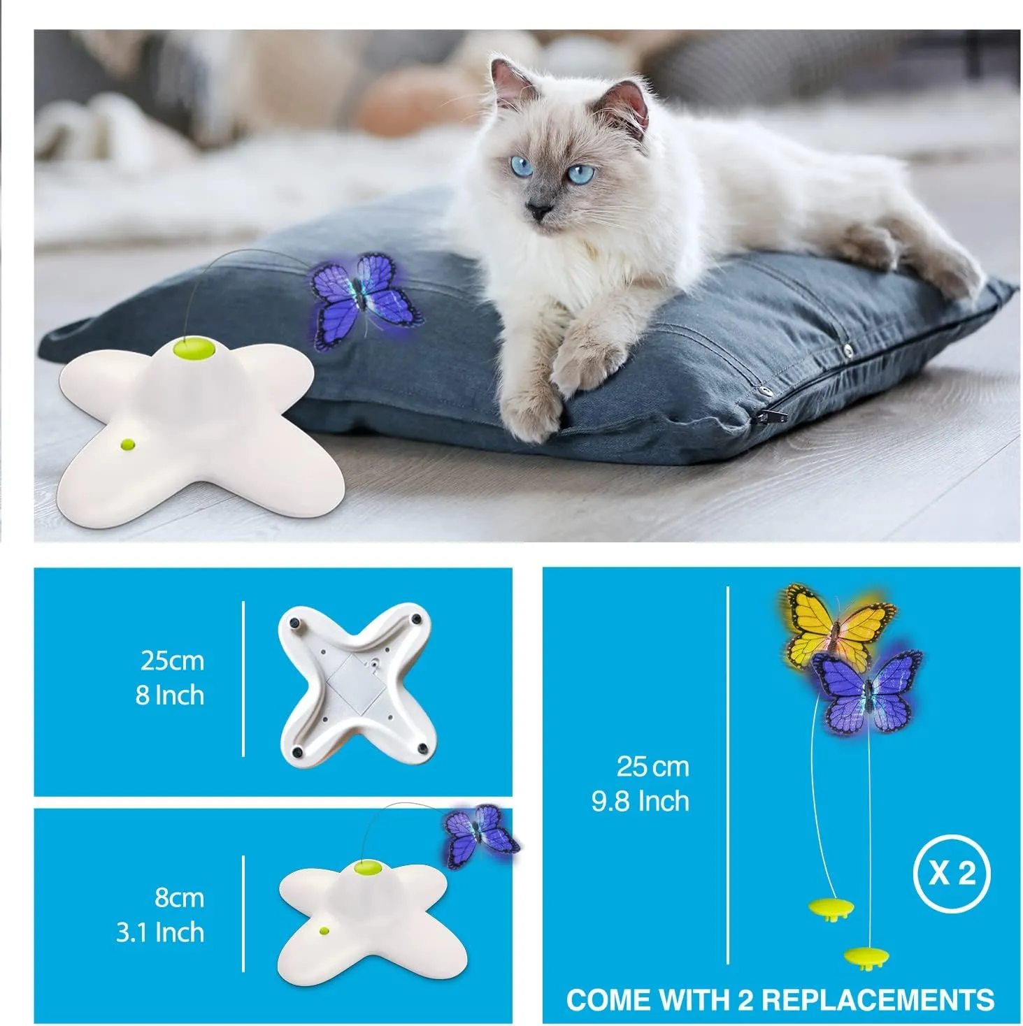 AFP Interactive Cat Toy, Butter-Fly Interactive for Indoor Cats, Flutter Bug Cat Toys, Flutter Rotating Kitten Toys with 2 Replacements