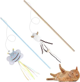 Cat Wand Toy Set, 2 PCS Interactive Cat Teaser Wands with Cute Bee & Mouse Designs, Equipped with Bells and Streamers to Captivate Your Cats Attention