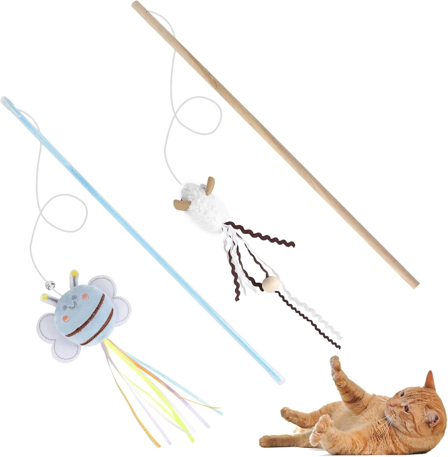 Cat Wand Toy Set, 2 PCS Interactive Cat Teaser Wands with Cute Bee & Mouse Designs, Equipped with Bells and Streamers to Captivate Your Cats Attention