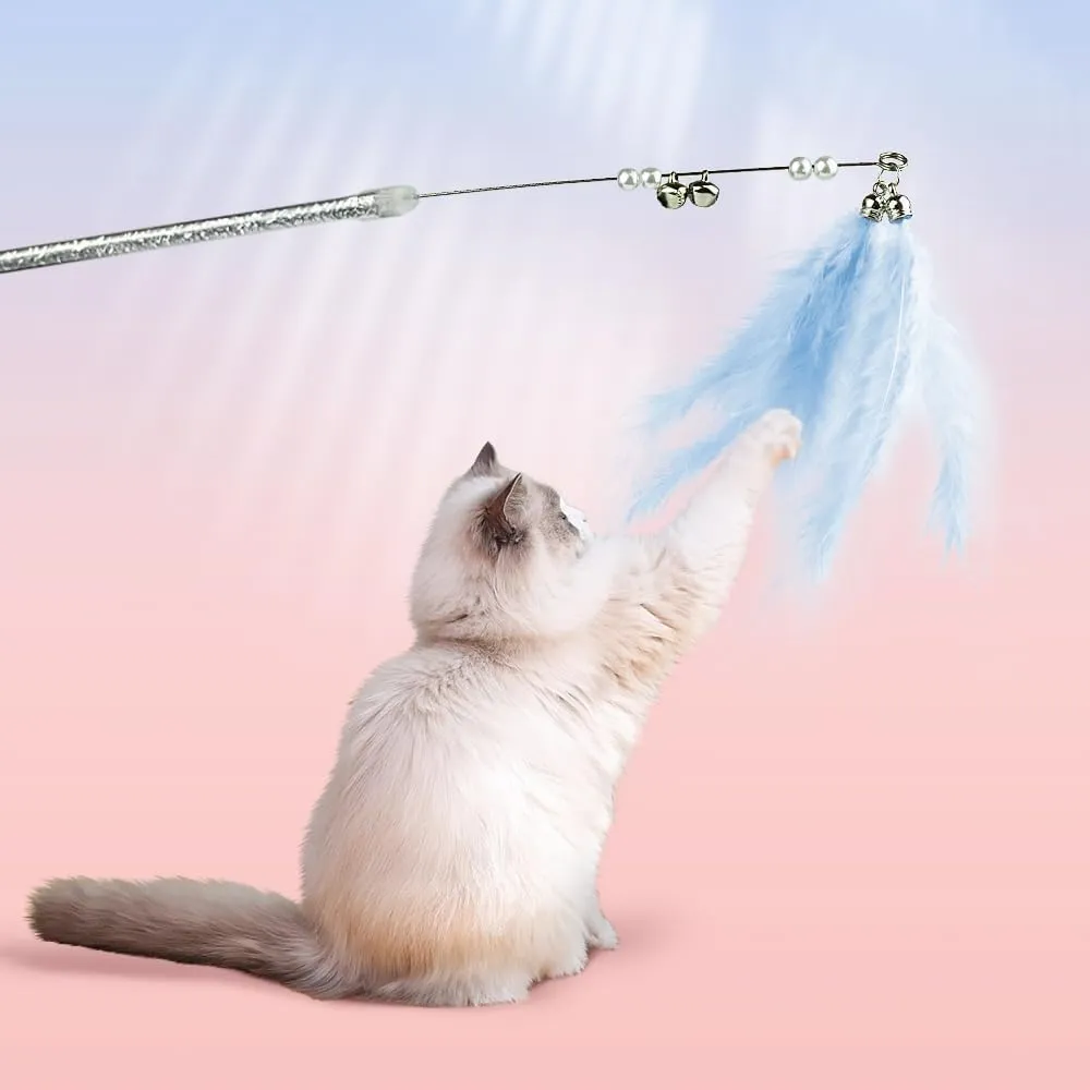 Cat Wand Toys, 5Pcs Interactive Kitten Feather Wand Toys for Bored Indoor Cats, Cat Teaser Wand with Bell and Crinkly Paper, Blue