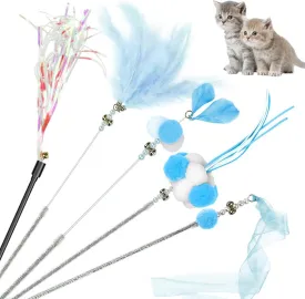 Cat Wand Toys, 5Pcs Interactive Kitten Feather Wand Toys for Bored Indoor Cats, Cat Teaser Wand with Bell and Crinkly Paper, Blue