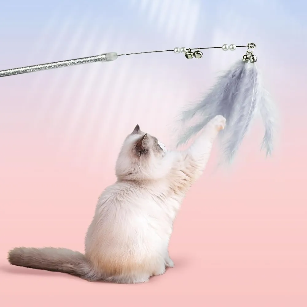 Cat Wand Toys, 5Pcs Interactive Kitten Feather Wand Toys for Bored Indoor Cats, Cat Teaser Wand with Bell and Crinkly Paper, Grey