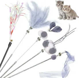 Cat Wand Toys, 5Pcs Interactive Kitten Feather Wand Toys for Bored Indoor Cats, Cat Teaser Wand with Bell and Crinkly Paper, Grey