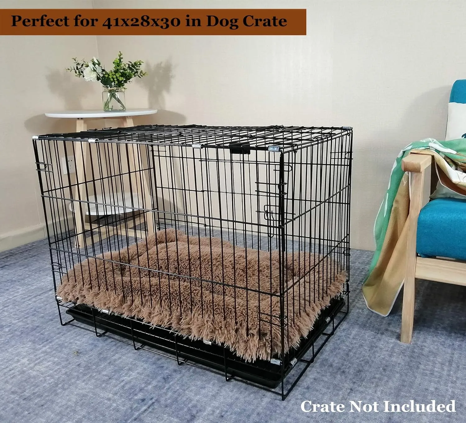 Coohom Deluxe Plush Bed Pet Cushion Crate Mat,Fulffy Comfy Kennel Anti-Slip Washable Pad for Medium Large X-Large Dogs(X-Large, Khaki)