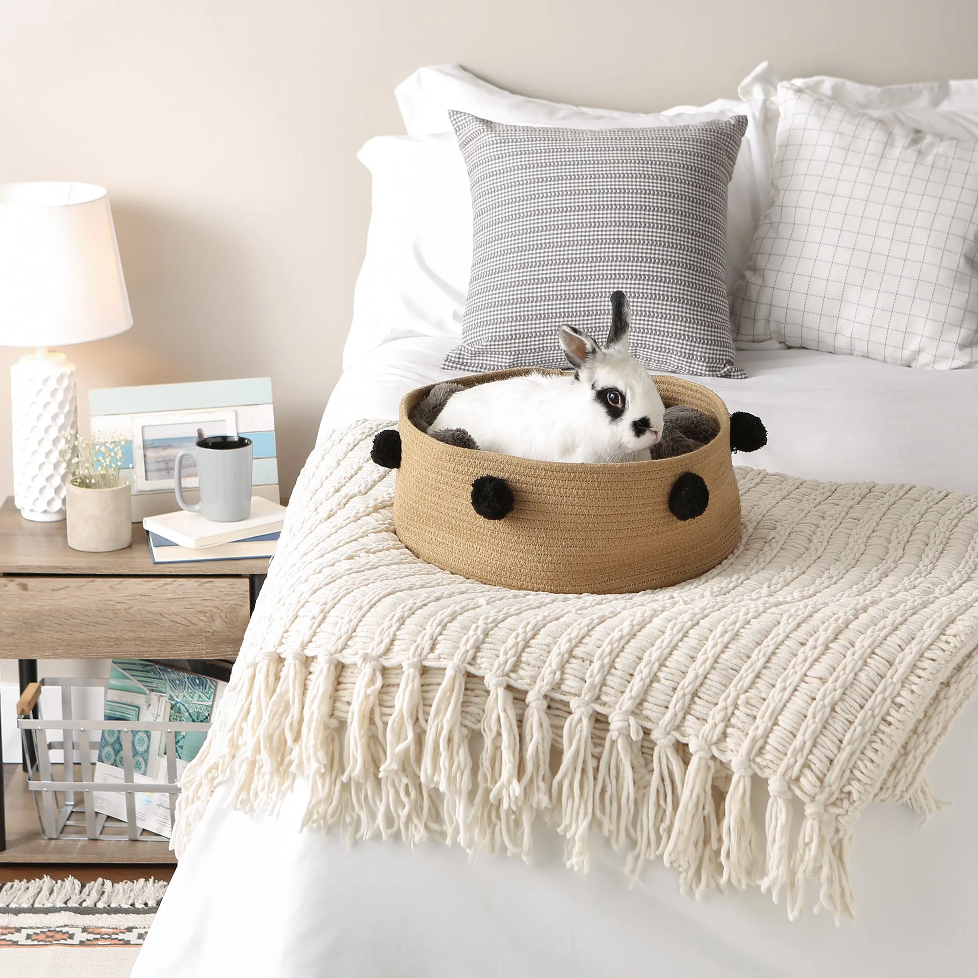 Cotton Pet Storage Basket, Pom-Poms, Beige/Black- 15.75x6.25"