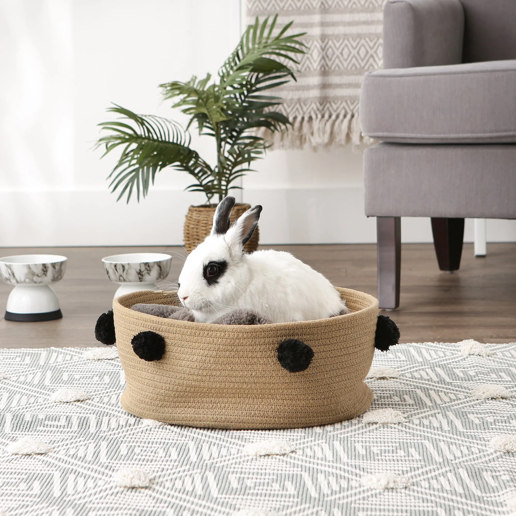 Cotton Pet Storage Basket, Pom-Poms, Beige/Black- 15.75x6.25"