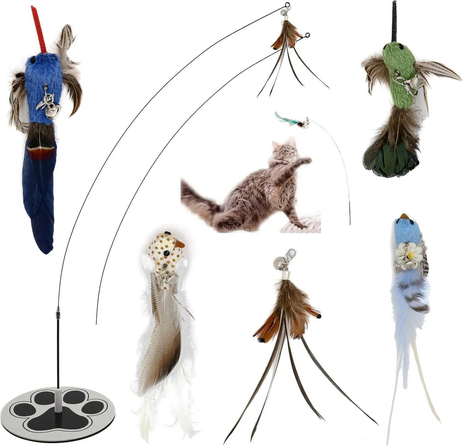 Interactive Bird Simulation Cat Toy Set Interactive Cat Toys for Indoor Cats Cat Feather Toy 5 Replacement Birds Realistic Feathers & Bells
