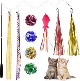 Interactive Cat Toys 10 Pack - Retractable Cat Wand Toy Cat Teaser Refills for Kitten - Cat Feather Toys Replacements with Mylar Crinkle Balls for Indoor Cat Play Chase Exercise