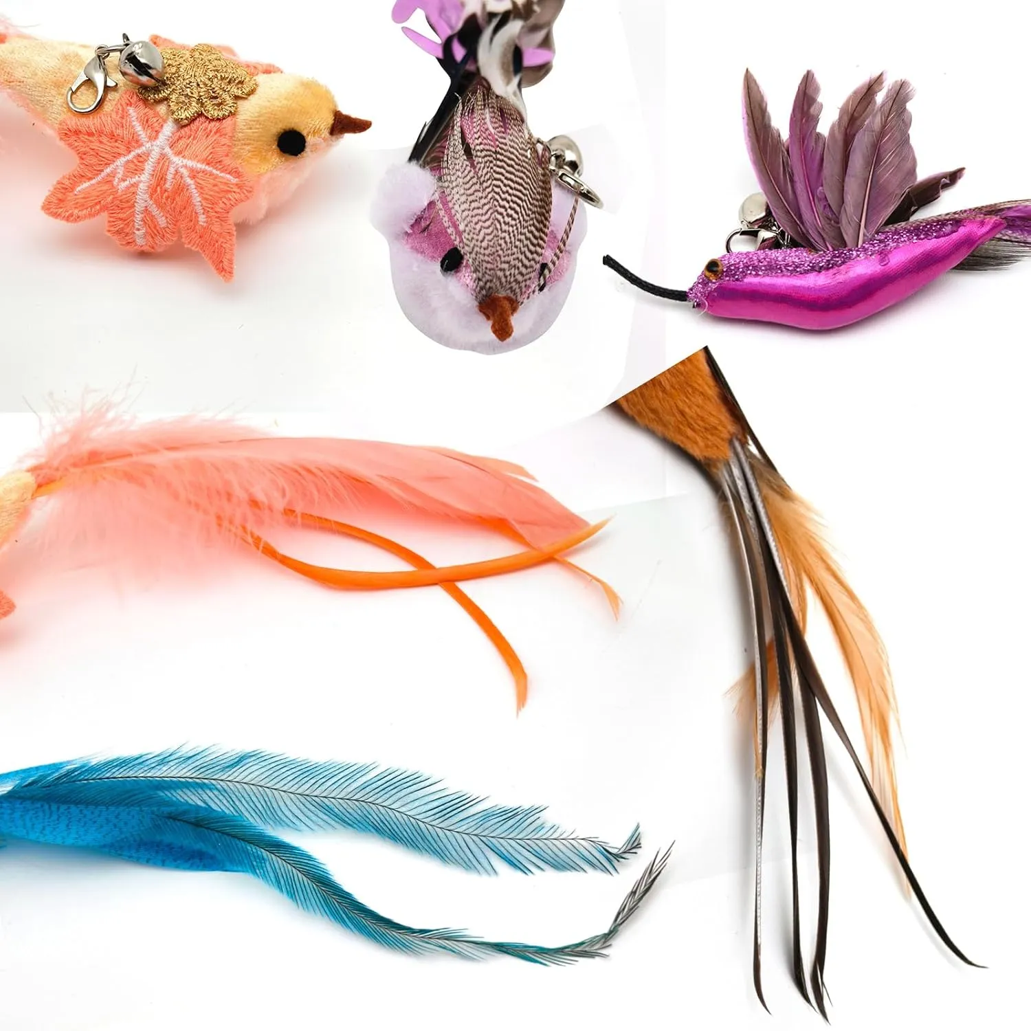 Interactive Cat Toys for Indoor Cats - 35'' Steel Wire and 6PCS Feather Bird Refills,Teaser Toy,Cat Wand Toy,Feathers & Bells, Realistic Bird Impression (7 PCS)
