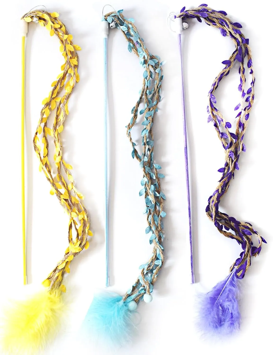 IUHKBH Cat Wands, 3 PCS Colorful Leaf Kitten Wand Handcrafted Jungle Wicker Cat Teaser Interactive Kitty Toy