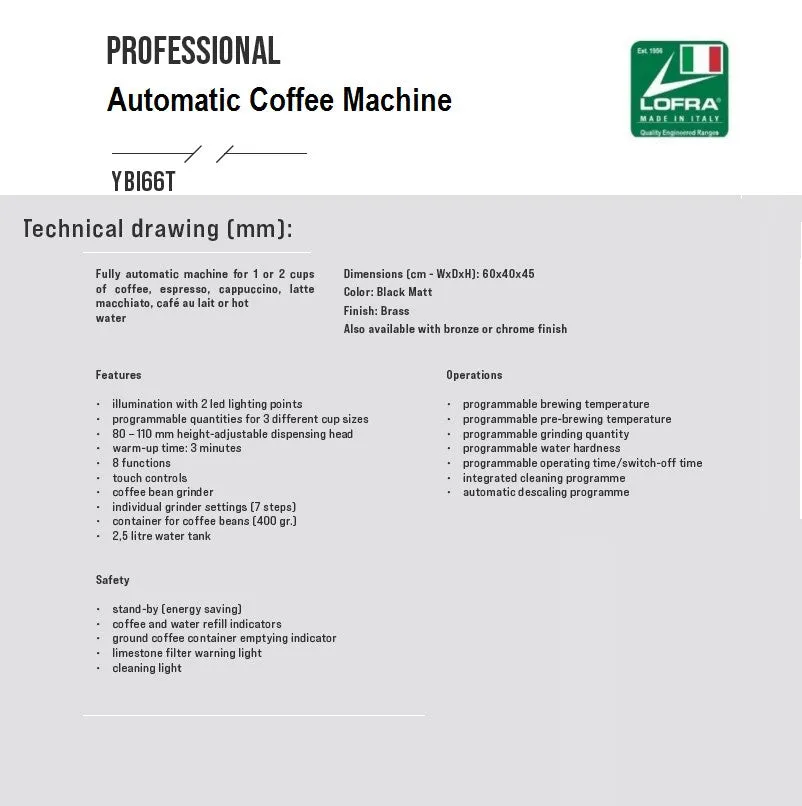 Lofra Total Black 60 Y66T Black Italian Integrated Coffee Machine 60cm