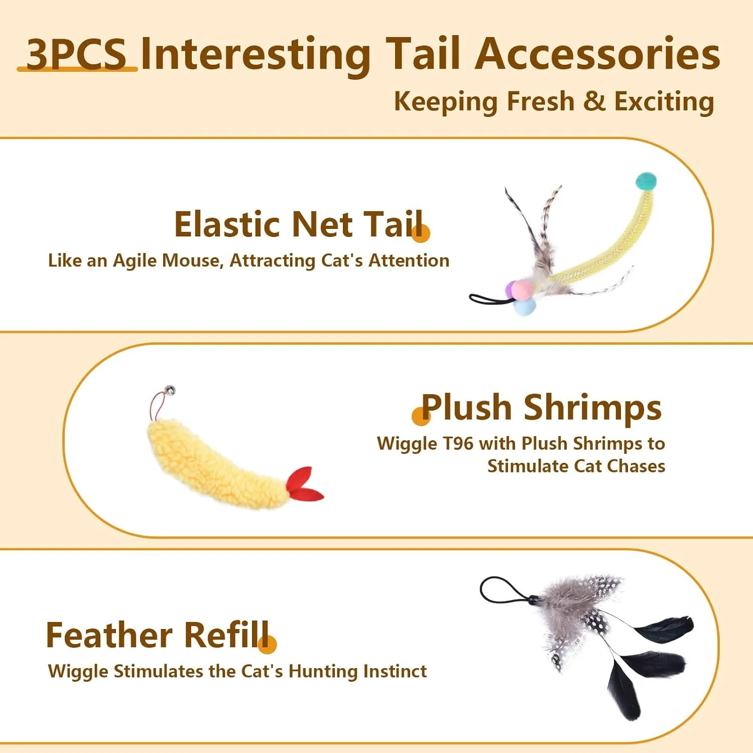 ORSDA 3 PCS Replacement Refills for Cat Ball Toys, Feather Tail, Elastic Net Tail, Plush Shrimps for Interactive Kitten Toys for Indoor Cats