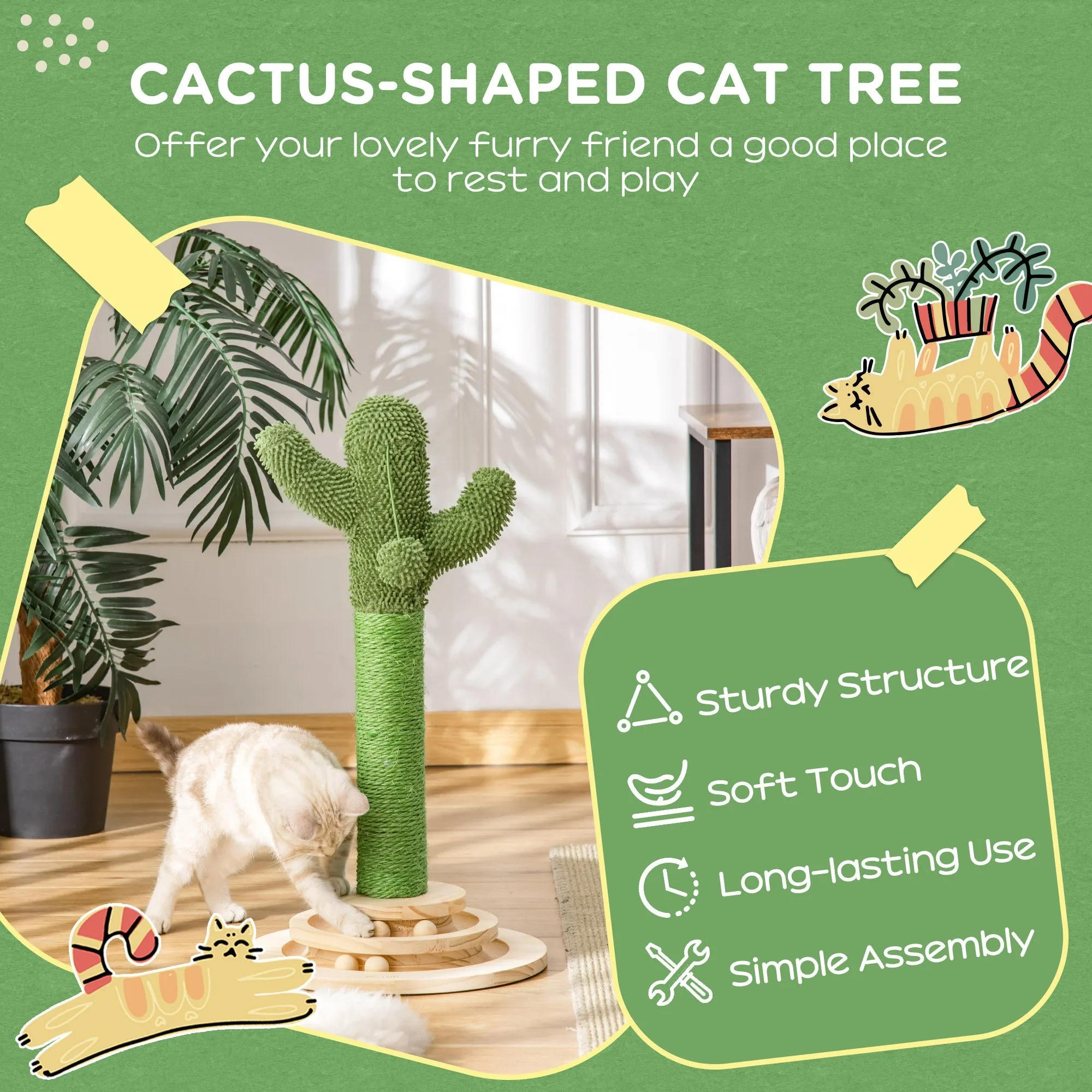 PawHut Cat Tree Cactus Sisal Scratching Post for Indoor Cats Play Tower Kitten Furniture with Hanging Ball Interactive Fun Roller Exerciser 32 x 32 x 60cm