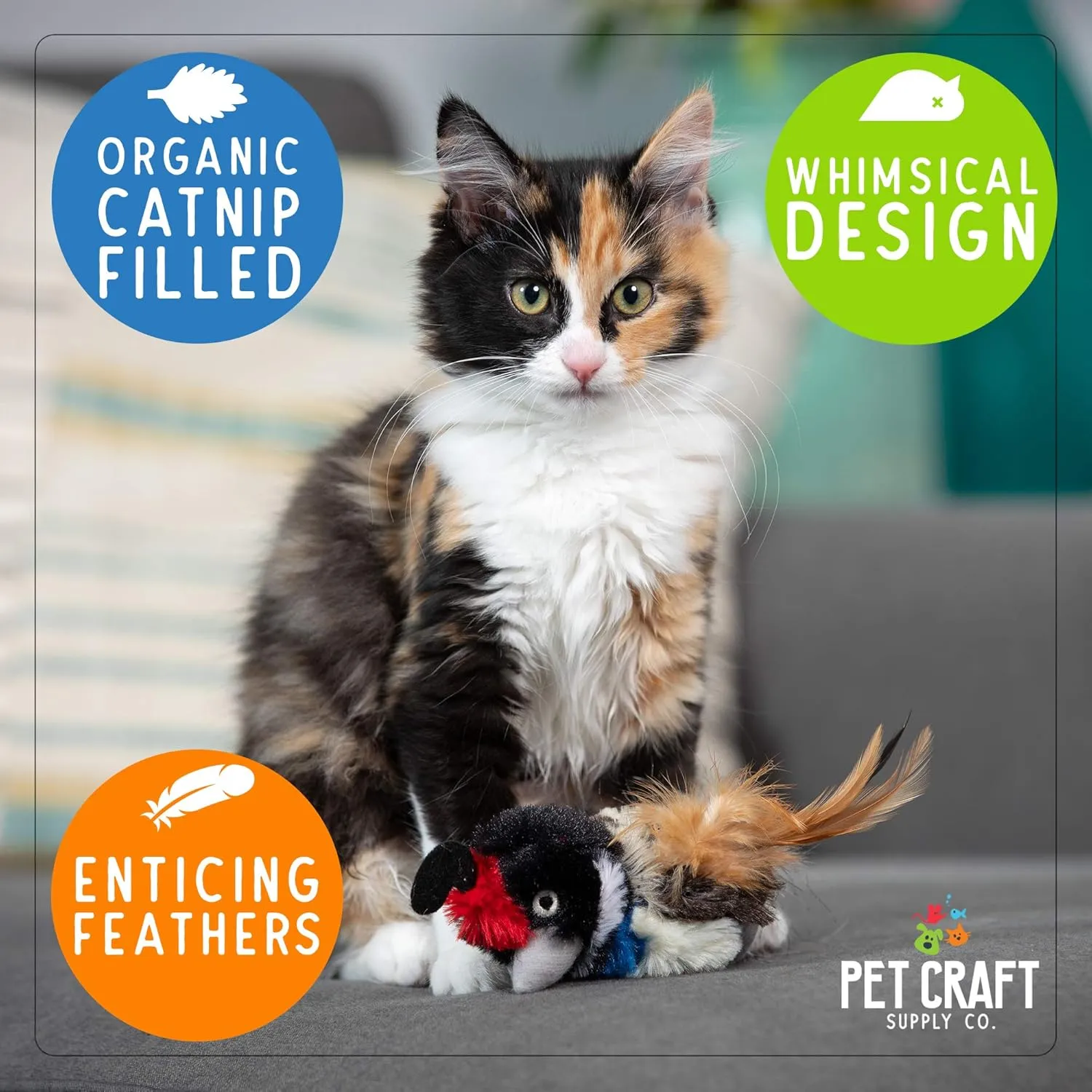Pet Craft Supply Kitty Condor Crazy Catnip, Funny Cuddling Chasing Hunting Irresistible Stimulating Soft Plush Boredom Relief Interactive Cat Toy with Realistic Feathers, All Breed Sizes (Pack of 2)