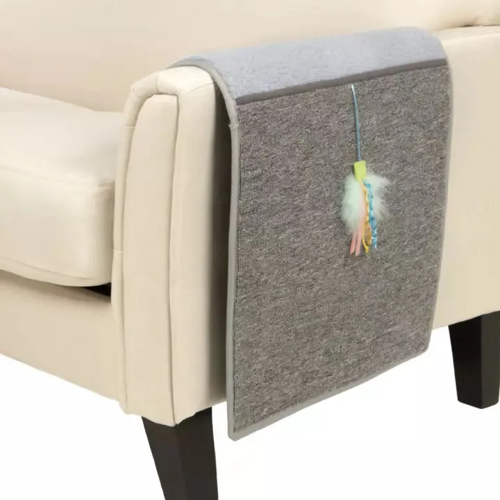 Petlinks Claw Cushion Furniture Protecting Carpet & Sherpa Cat Scratch Mat with Dangling Ribbon Toy Drapes on Furniture (Large Grey)