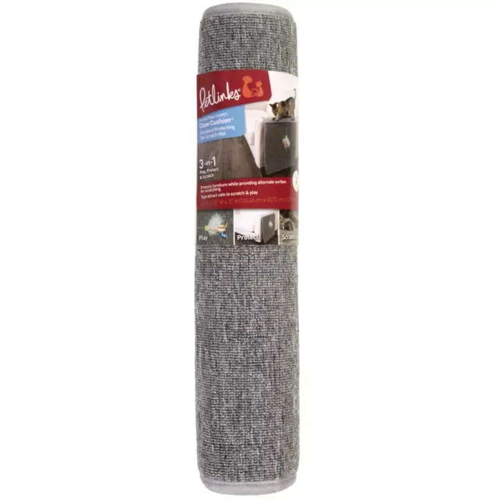 Petlinks Claw Cushion Furniture Protecting Carpet & Sherpa Cat Scratch Mat with Dangling Ribbon Toy Drapes on Furniture (Large Grey)