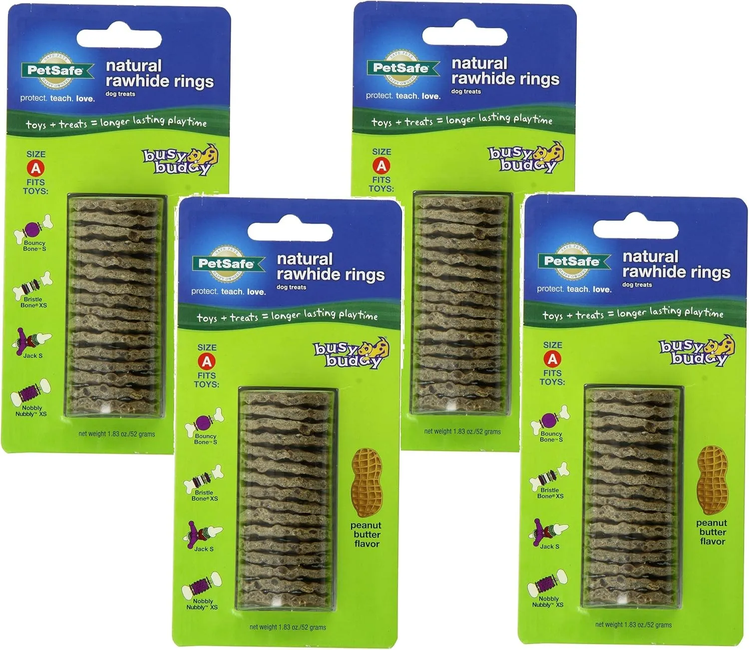 PetSafe (4 Pack) Busy Buddy Refill Ring Dog Treats for Select Busy Buddy Dog Toys, Peanut Butter Flavored Natural Rawhide, Size A