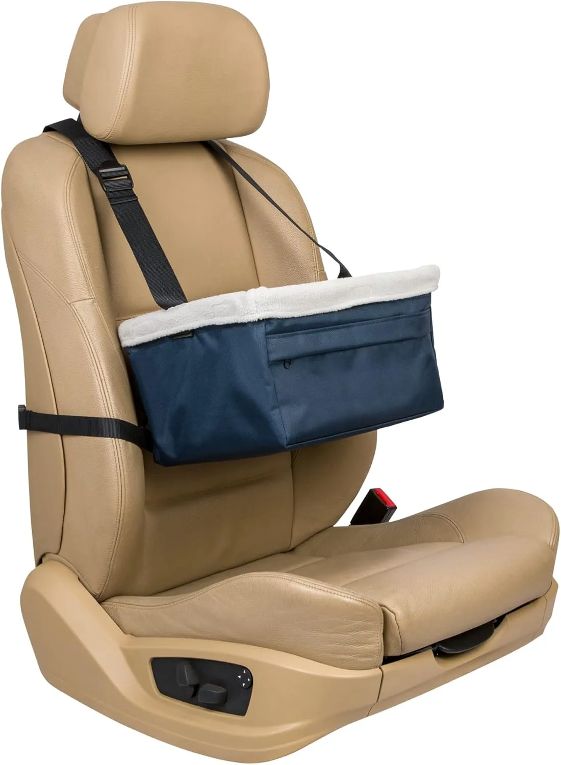 PetSafe Happy Ride Booster Seat  Raised Dog Travel Seat  Installs on Car Seats with a Headrest  Safety Tether  Machine Washable  Folds Flat for Storage, Navy, 12 lb