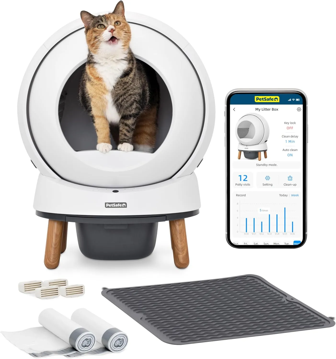 PetSafe ScoopFree SmartSpin Self-Cleaning Litter Box Bundle  Advanced Odor Control  App Controlled  Up to 2 Weeks of Hands-Free Cleaning  Includes Litter Mat, 50 Waste Bin Liners, 4 Deodorizers
