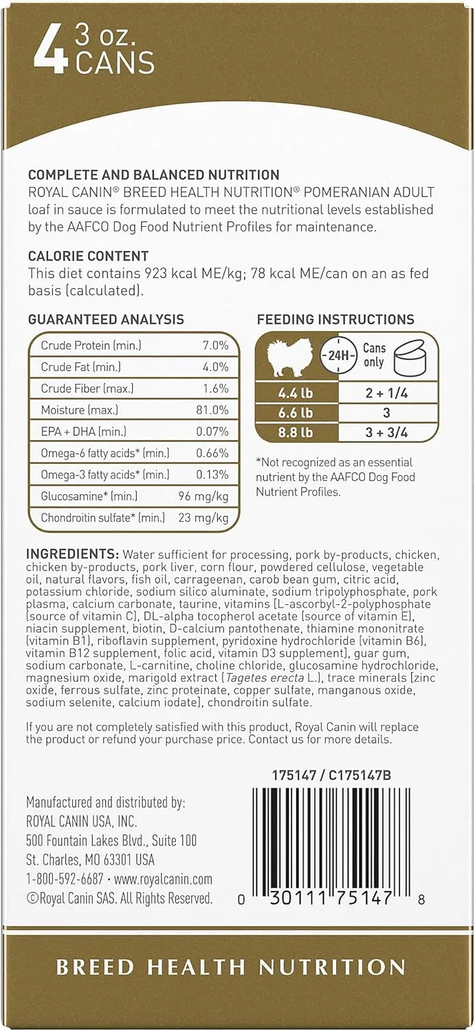 Royal Canin Breed Health Nutrition Pomeranian Adult Loaf in Sauce Canned Dog Food, 3 oz can (4-pack)