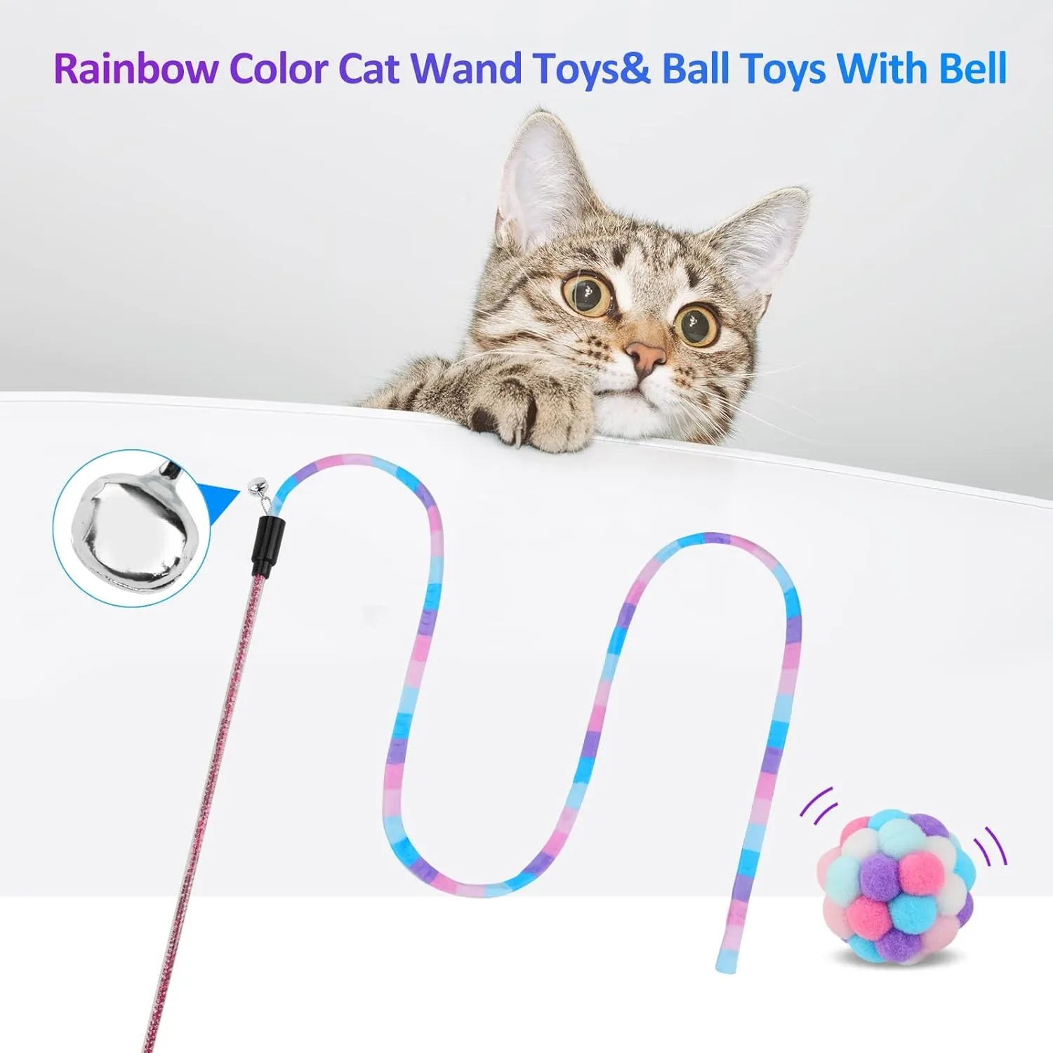 TUSATIY Cat Toys 3Pack, Cat Wand Toy Cat Fuzzy Balls with Bells &Cat Springs, Rainbow Color Interactive Cat Toys for Indoor Cats Kittens (Rainbow-Purple)