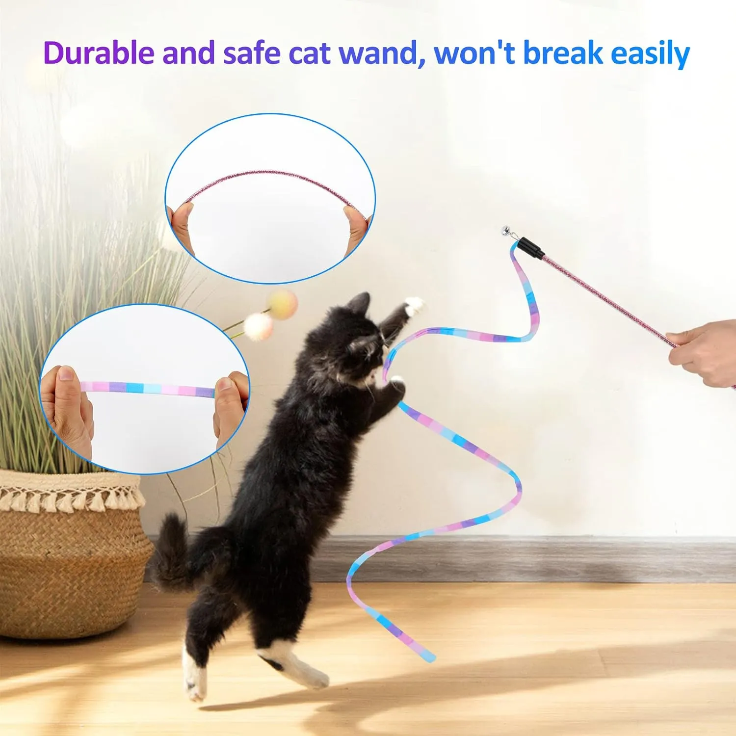 TUSATIY Cat Toys 3Pack, Cat Wand Toy Cat Fuzzy Balls with Bells &Cat Springs, Rainbow Color Interactive Cat Toys for Indoor Cats Kittens (Rainbow-Purple)