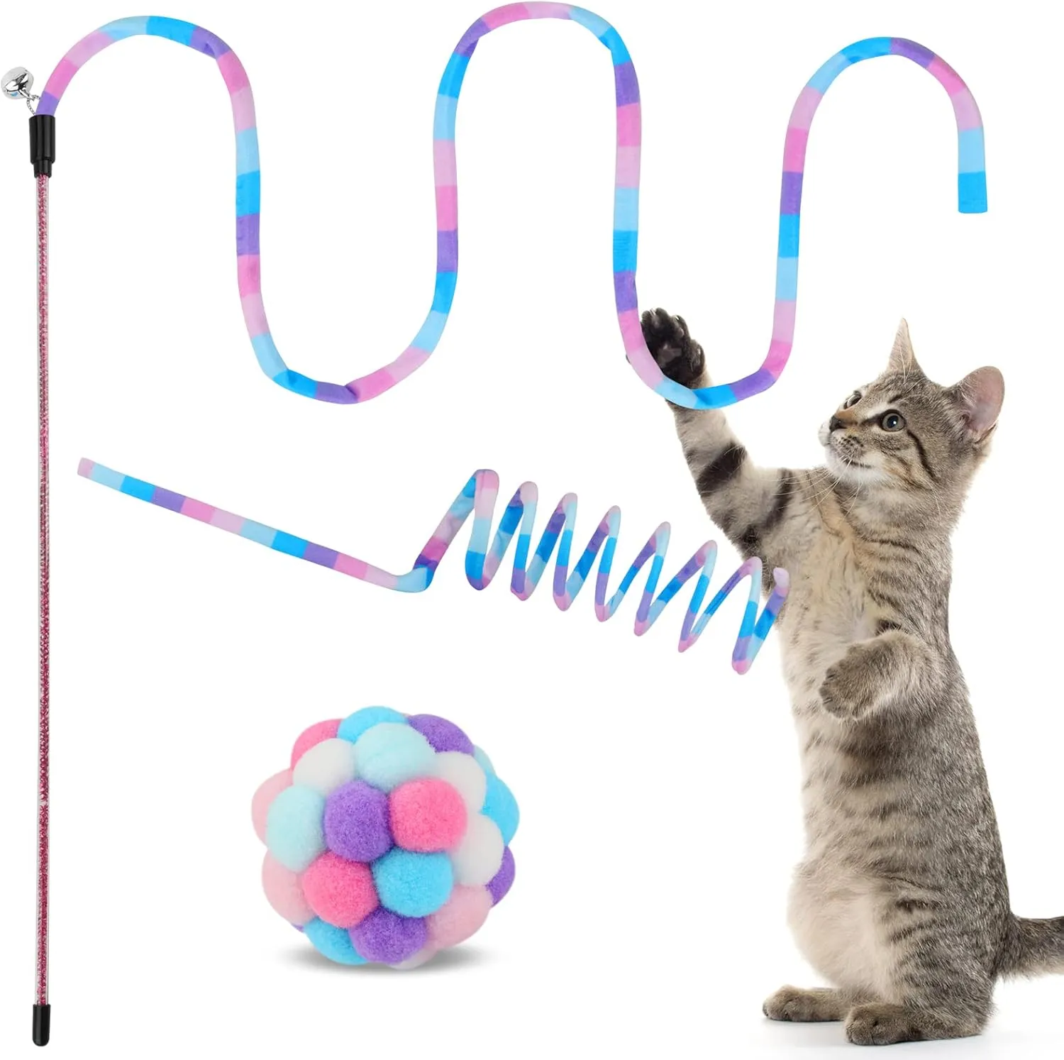 TUSATIY Cat Toys 3Pack, Cat Wand Toy Cat Fuzzy Balls with Bells &Cat Springs, Rainbow Color Interactive Cat Toys for Indoor Cats Kittens (Rainbow-Purple)