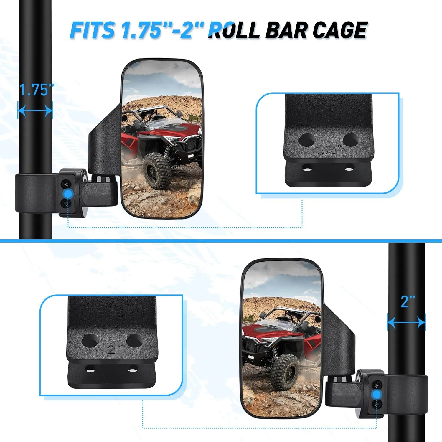 UTV Side Mirrors Universal Fit For 1.6in to 2in Roll Cages
