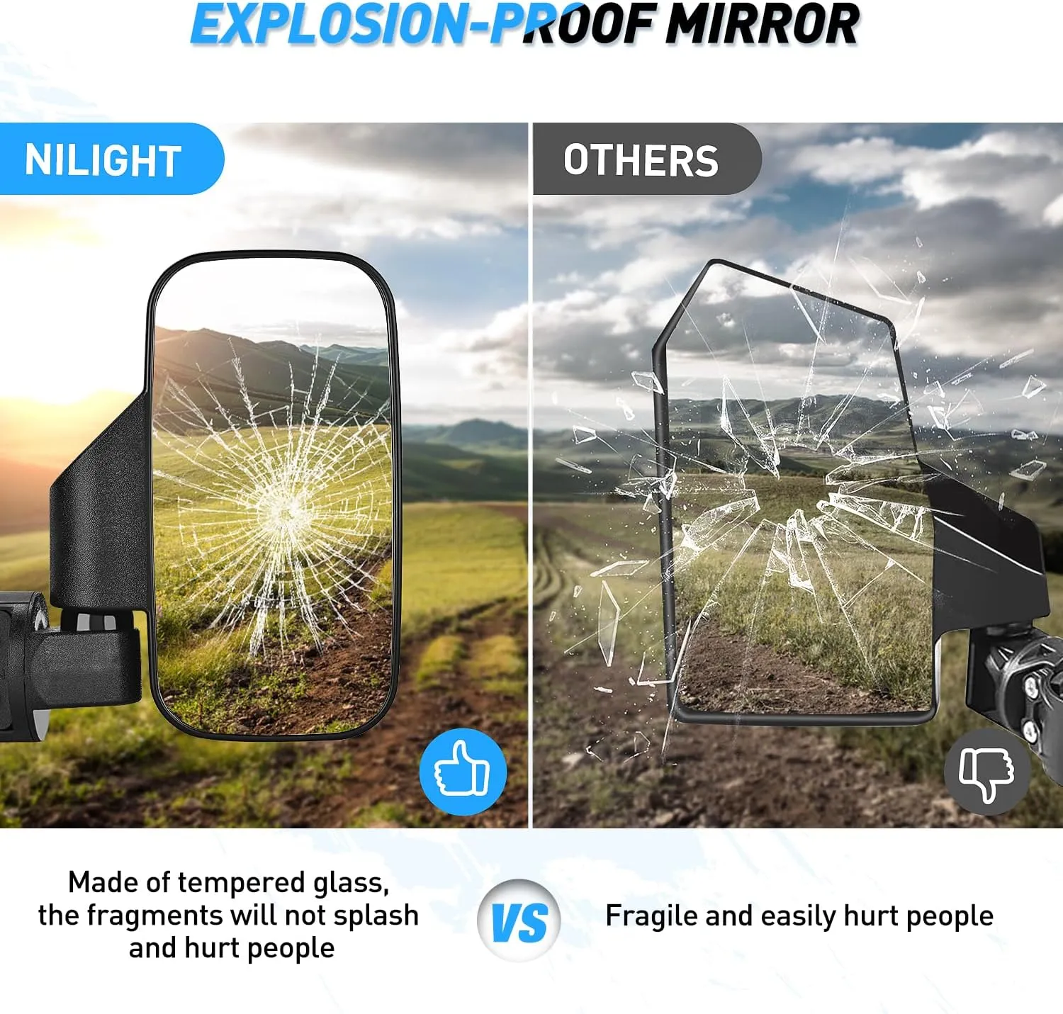 UTV Side Mirrors Universal Fit For 1.6in to 2in Roll Cages