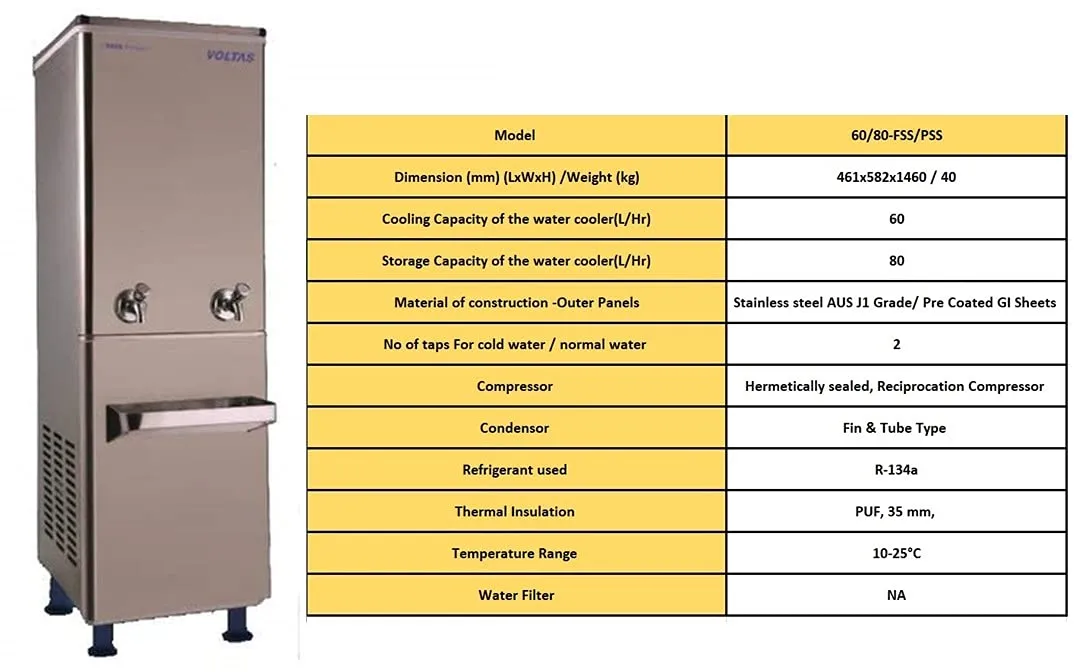 Voltas WC FS 60/80 NP Water Cooler – 80L Storage, 60 LPH Cooling, Normal & Cold Water, R134A, Stainless Steel Front Body