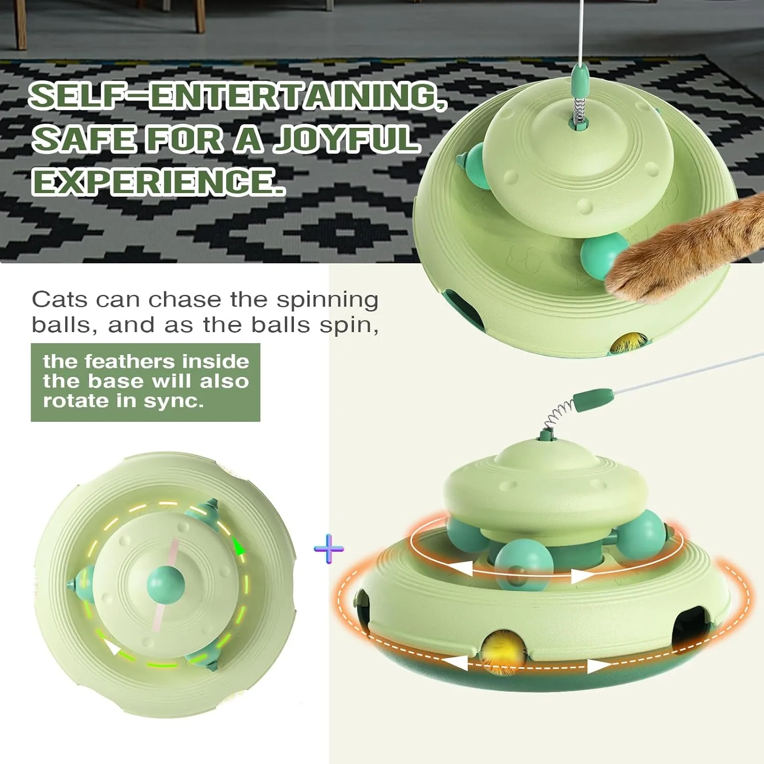Zaabaaziba Interactive Cat Toys, Track Balls Kitten Toy for Indoor, High-Elasticity Cat Teaser Wand Cat Feather Toy, Perfect Toy for Multi-Cat Households for All Cat Breeds Green