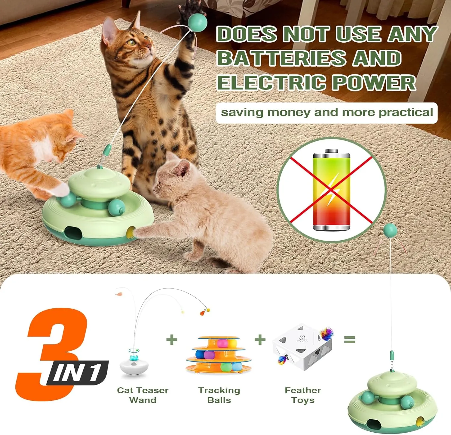 Zaabaaziba Interactive Cat Toys, Track Balls Kitten Toy for Indoor, High-Elasticity Cat Teaser Wand Cat Feather Toy, Perfect Toy for Multi-Cat Households for All Cat Breeds Green